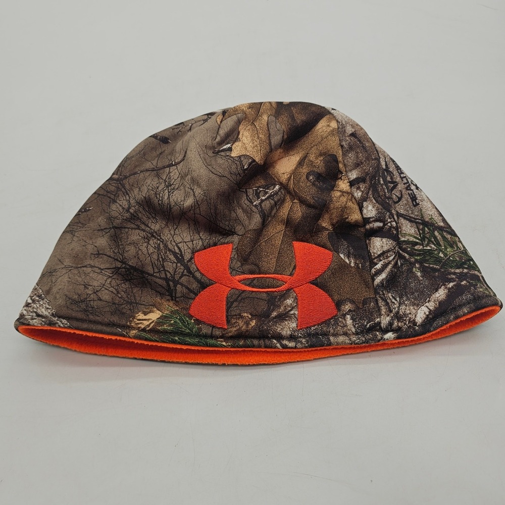 Under Armour Men's Reversible Beanie Hunting UA Forest Camo Hat orange logo L/XL